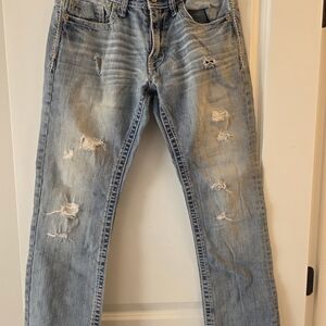 BKE Men's Carter Straight Boot Stretch Light Blue Distressed Jeans